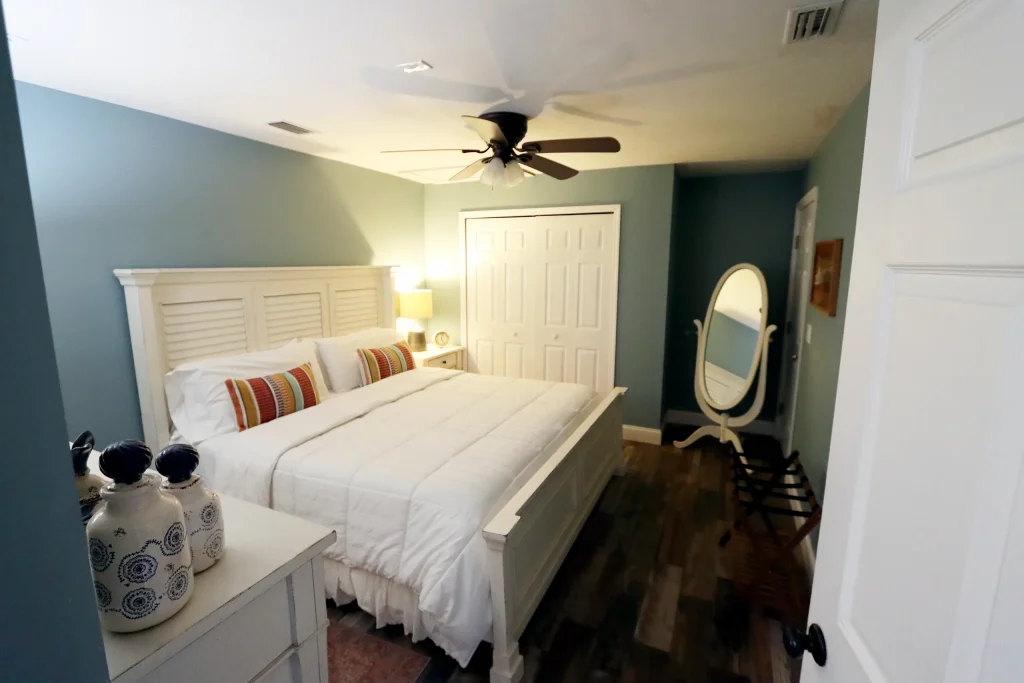 Bedroom one inside the bridal suite at Masters Stables wedding venue.